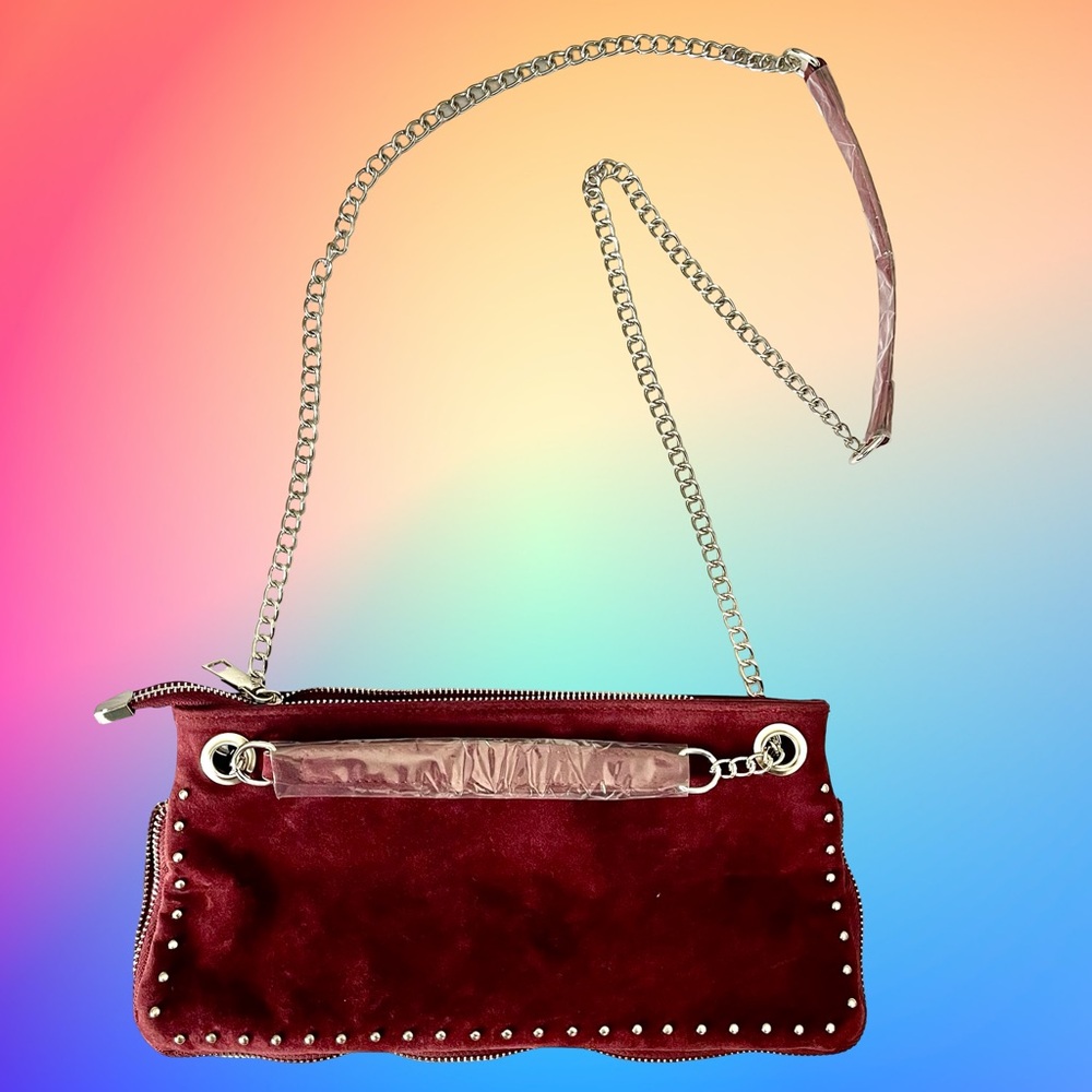Burgundy Faux Suede Zip Close Crossbody Studded Detail NWOT - Picture 7 of 8